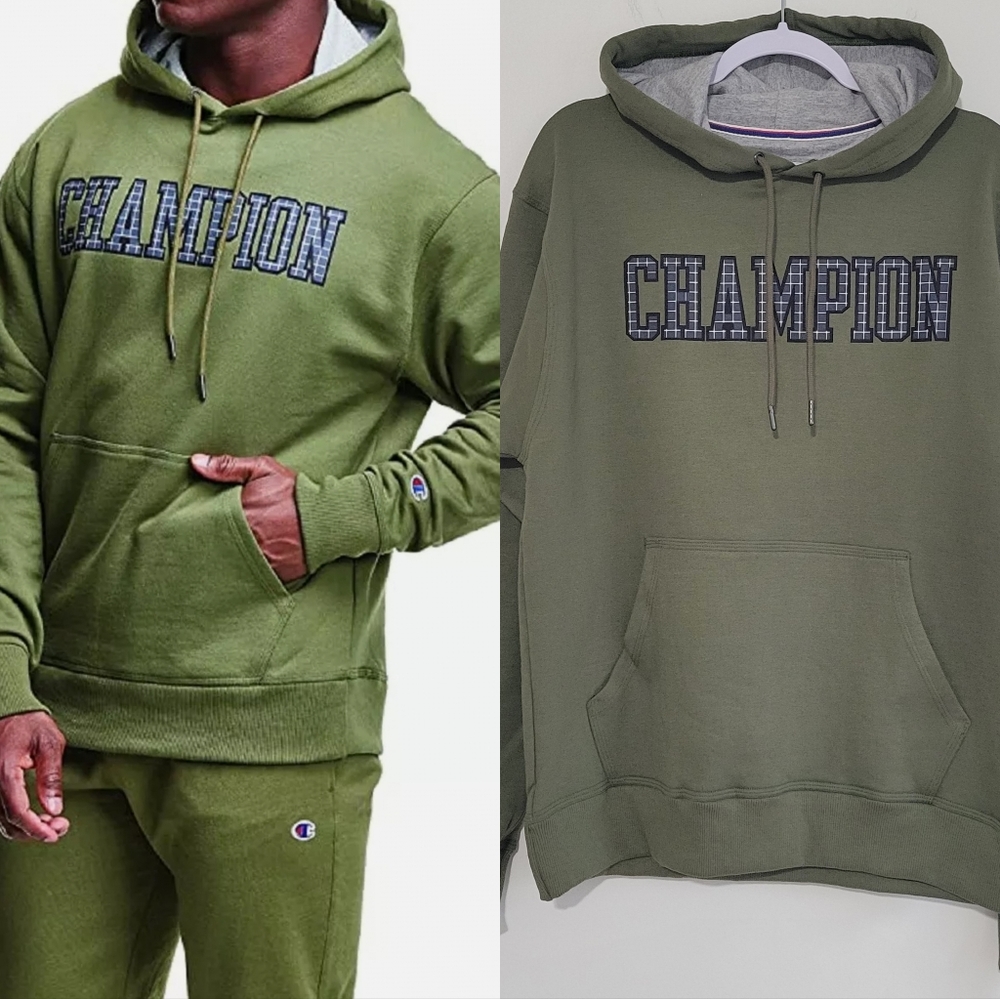 CHAMPION Men's Spellout Graphic Powerblend Olive Green Comfy Fleece Hoodie M NWT